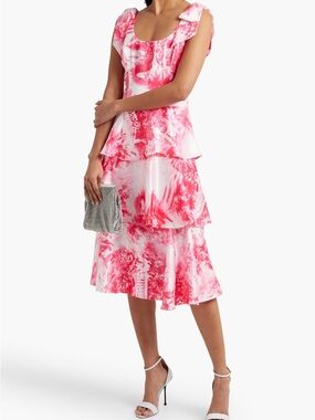 Marchesa Pink & White Watercolor Tiered Midi Dress